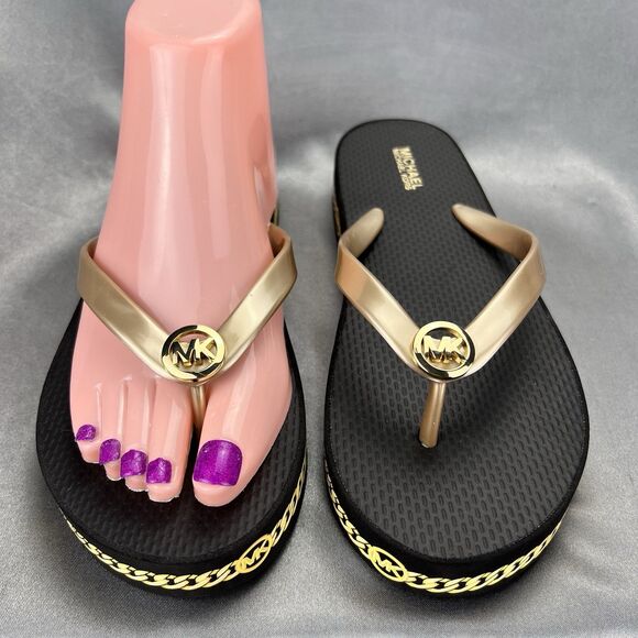 Michael Kors Women's 7 Logo Flip Flops Fashion Sandals Black/Gold RX24D MK Shoes - Picture 6 of 14